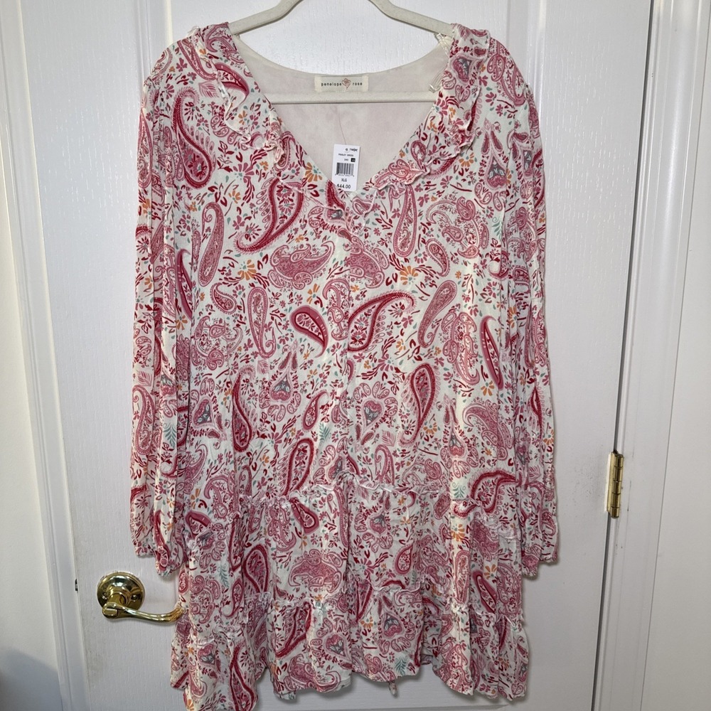 Penelope Rose Paisley Dress XL NWT Pink Boho Tiered Ruffle Babydoll Long Sl